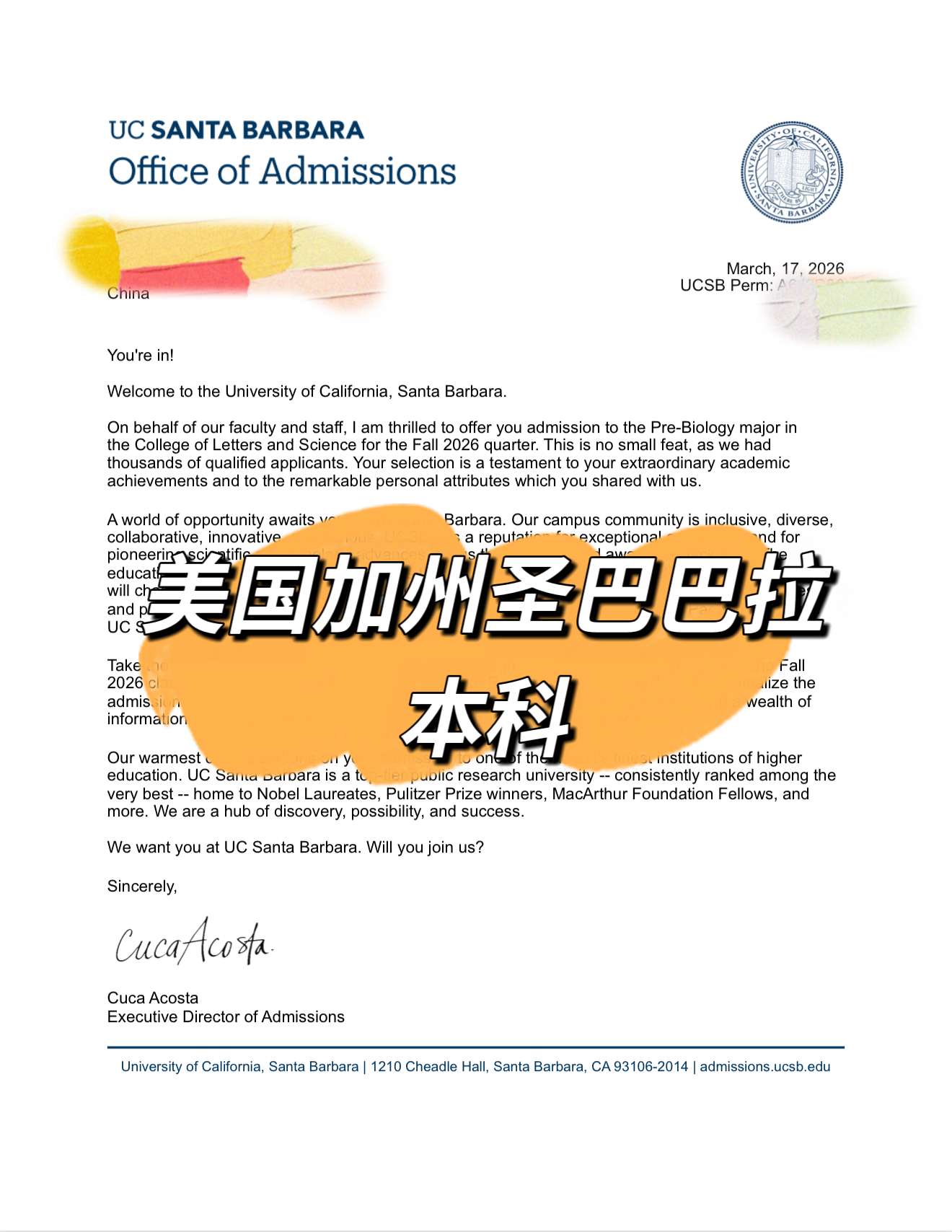 美国加州圣巴巴拉本科录取书