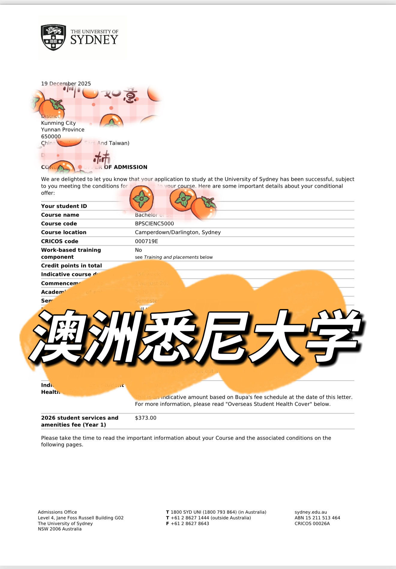 澳洲悉尼大学本科录取书